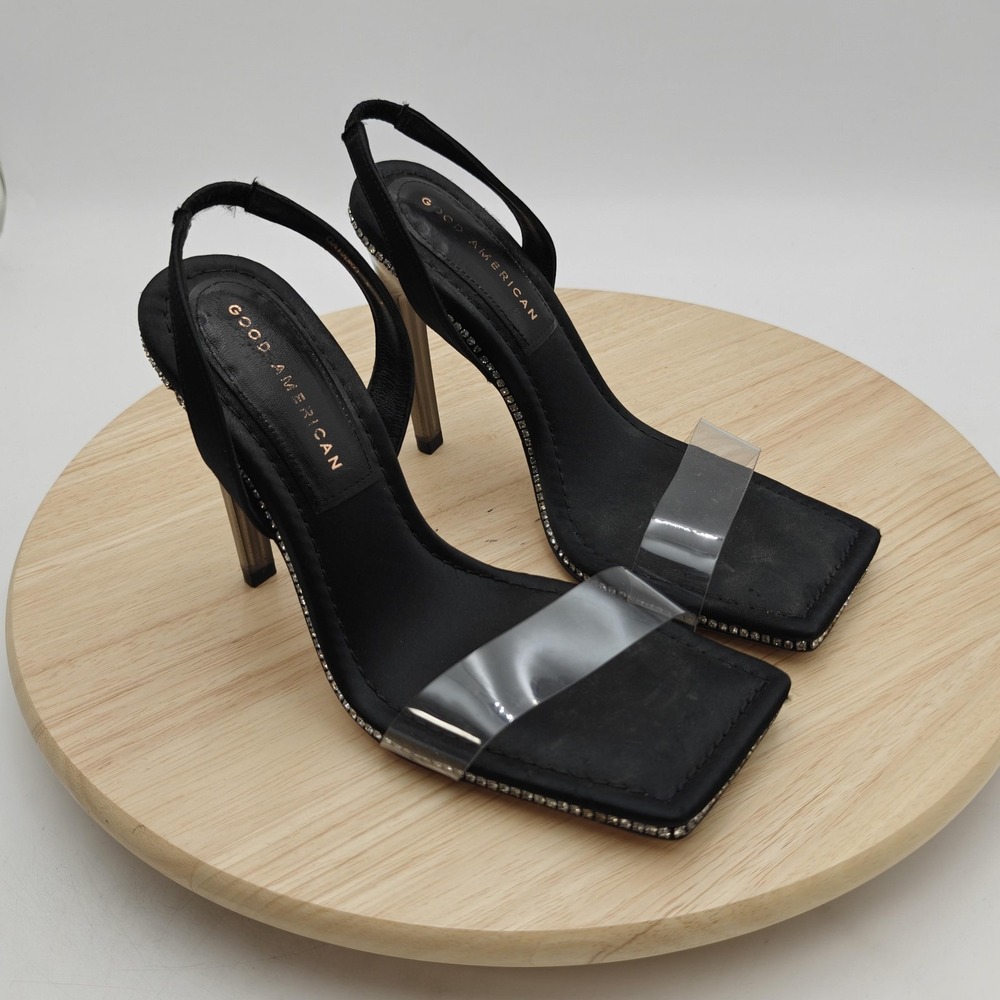 Good American Shoes Womens Size 7 Black Rhinestone Slingback Heels‎ Clear Strap